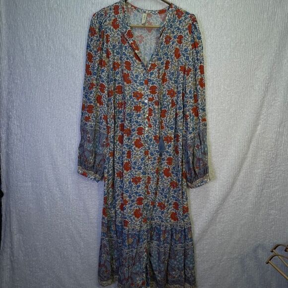 Spell Multicolor Long Sleeve V-Neck Village Button Down Midi Dress Size Small - Picture 3 of 10